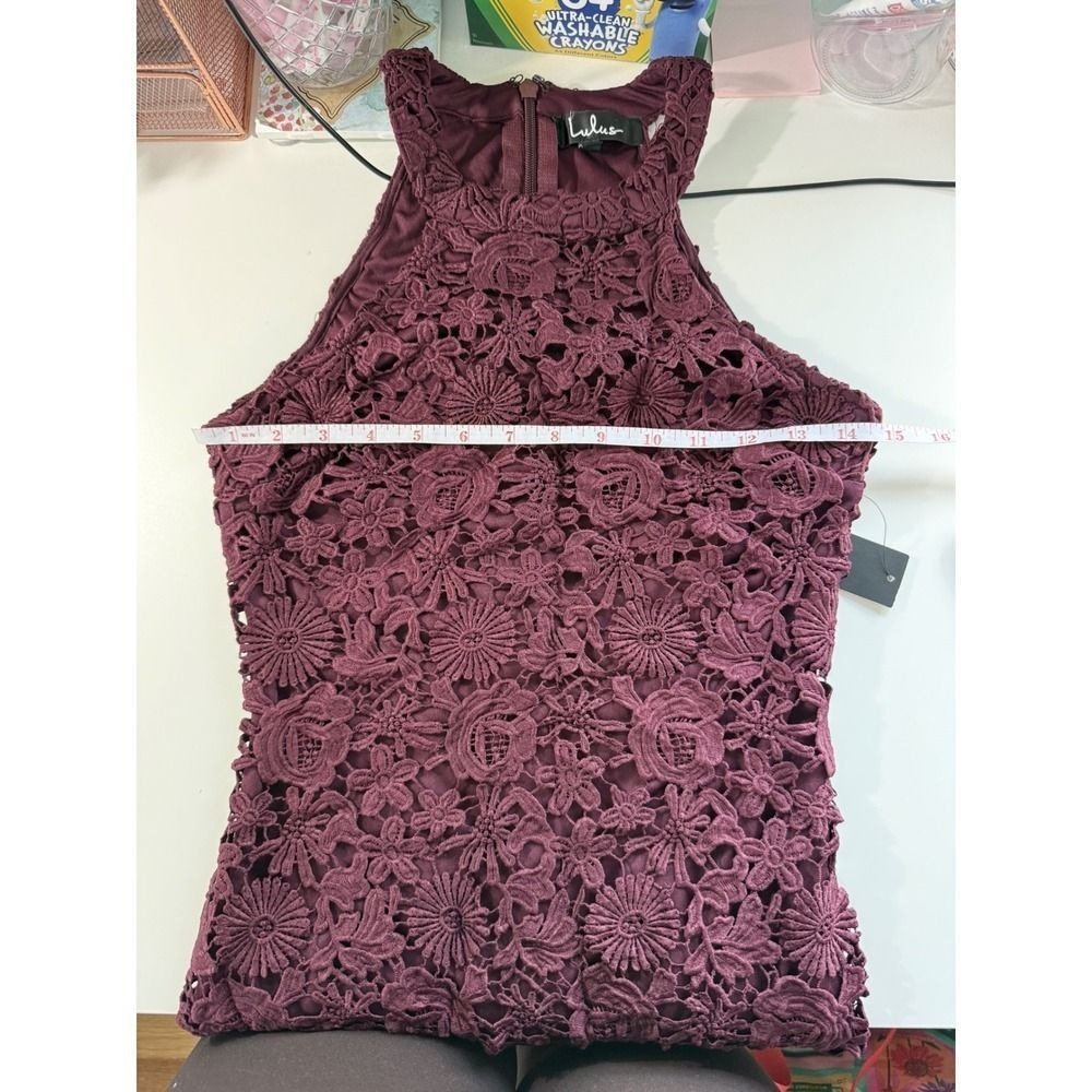 Lulus Love Poem Burgundy Crochet Lace Halter Dress Mini Romancore NWT Small - Picture 10 of 10